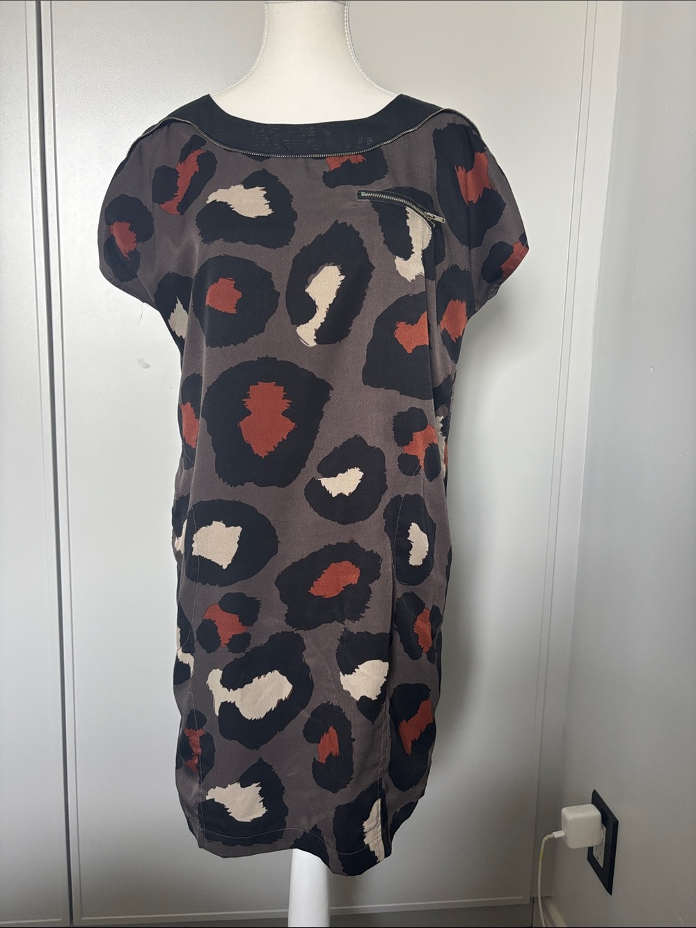 Esley Charcoal Leopard-Print Mini Dress with Rust and Cream Spots